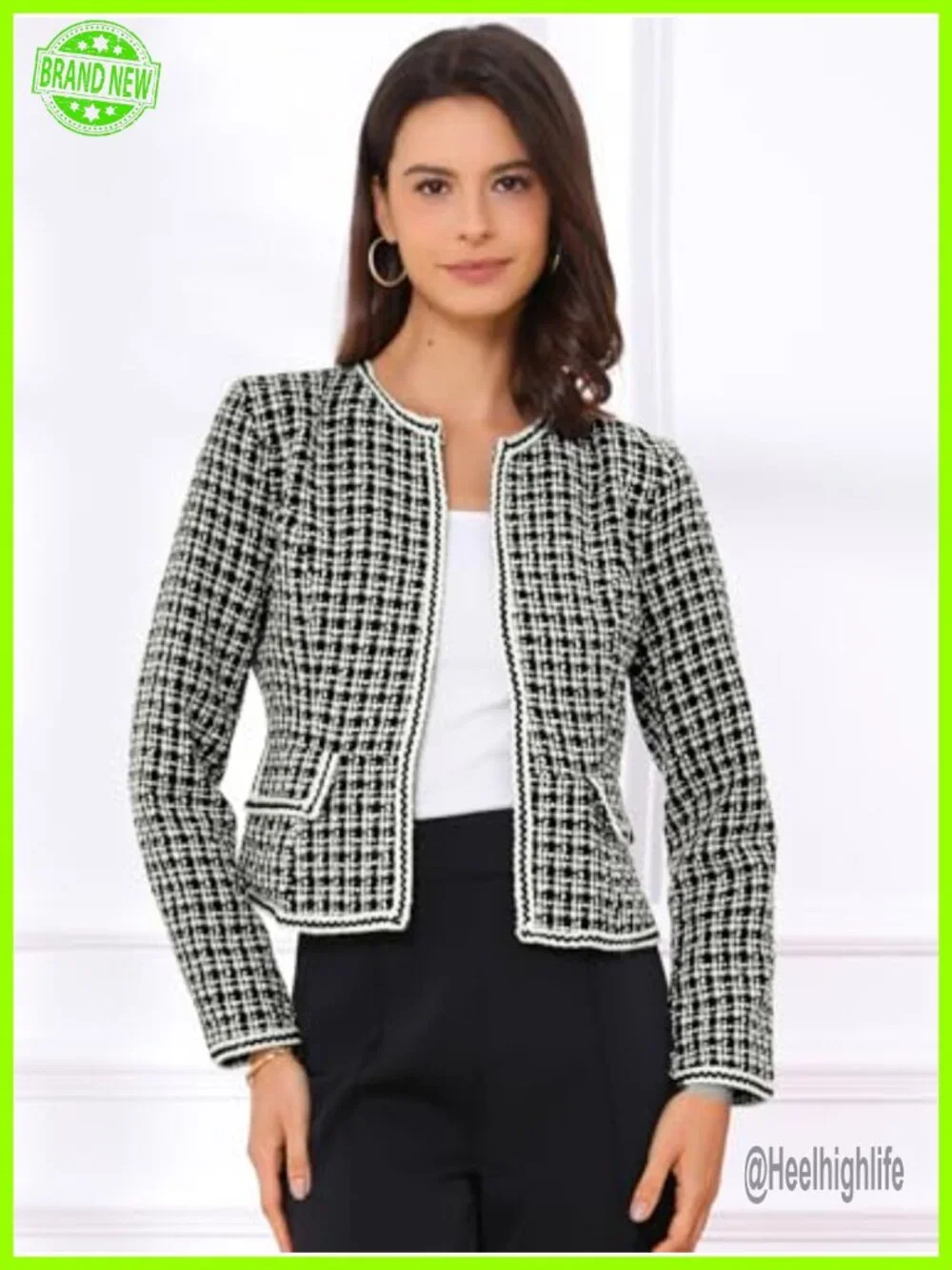 Plaid Tweed Blazer Open Front Work Office Jacket Long Sleeve Collarless